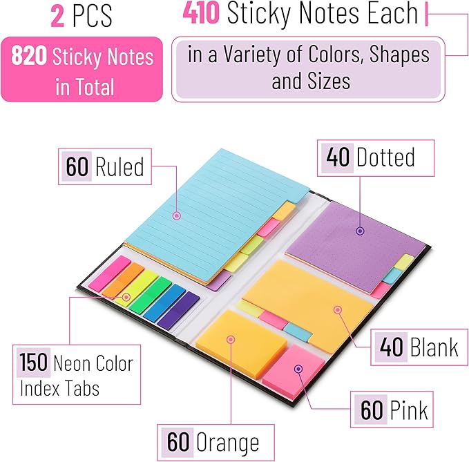 Mr. Pen- Sticky Notes Set, 2 Sets, 820 Pack, Ruled, Dotted & Blank Notes with 150 Index Tabs, Divider Sticky Pads for Bible Study, Office, School, Planning, Journaling & Organization