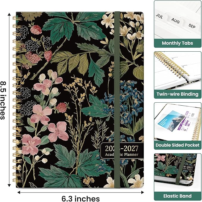 Planner 2026-2027, Academic Monthly and Weekly Calendar Planner for Women, July 2026 - June 2027, Hardcover Pretty Agenda Planner Book with Tabs, Spiral Daily Organizer for School Office Home Supplies, 6.3" x 8.5" - Forest Botanica