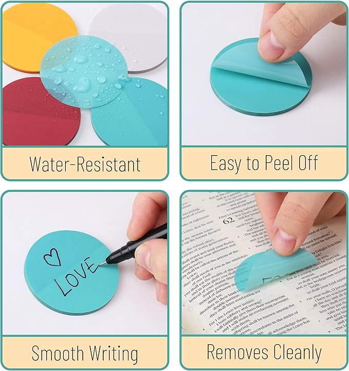 Mr. Pen- Round Transparent Sticky Notes, 1.8”, 4 Pads with Black Fineliner, 200 Sheets, Smooth Writing, Water-Resistant, Clean Removal, Easy-Peel Sticky Notes for Bible Journaling & Planning