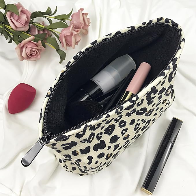 GUTGNK Corduroy Ladies Cosmetic Bag, Large Capacity Canvas Cosmetic Bag Travel Toiletry Bag Accessories Organizer, Black Spot Leopard Print