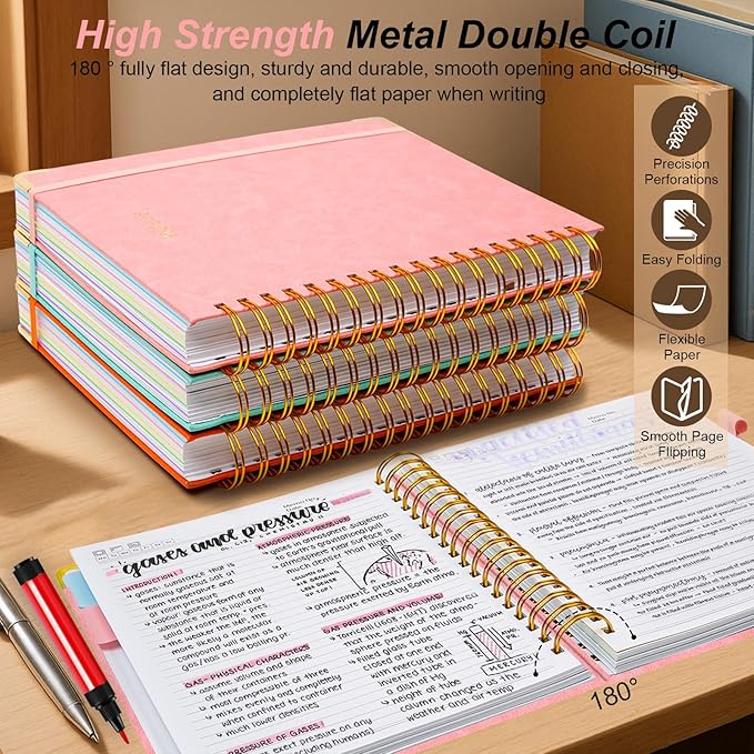 Hardcover Spiral Notebook 6.2"x 8.2" Journal Notebook with Tabs and Removable Dividers 300 Pages 5 Subject Notebook College Ruled, Faux Leather Spiral Bound Notebook for Women School Work (Pink)