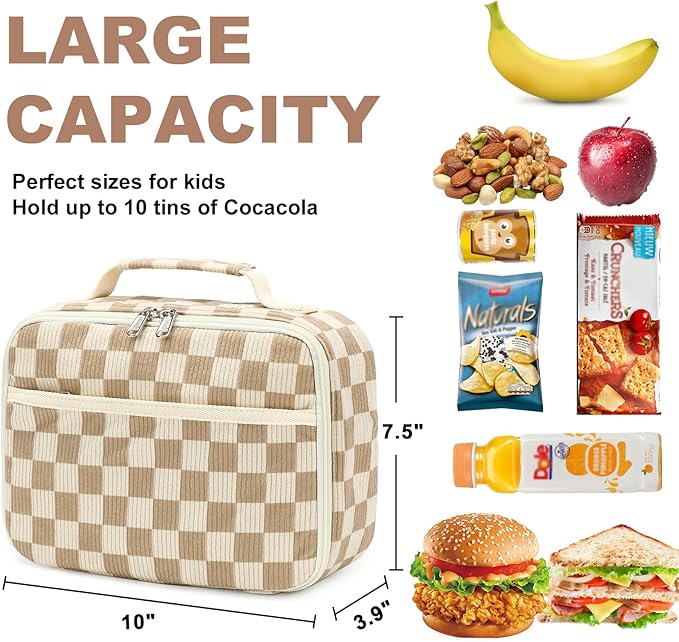 Kids Girls Lunch Bag Insulated Lunch Box for school Corduroy Lunch Cooler Organizer School Kids Lunch Tote (Corduroy checkered brown)