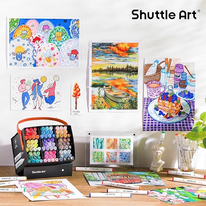 Shuttle Art Brush Tip Alcohol Markers, Dual Tip Brush & Fine Tip Art Marker Set, 89 Colors Marker Pens with Organized Case Perfect for Illustration Students Adults Coloring Sketching