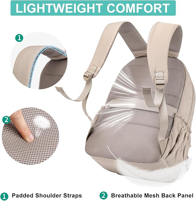 Travel Laptop Backpack for Women - 15.6 Inch College Backpacks Quilted Computer Bookbag Lightweight Casual Daypack Water-Resistant Backpacks for Students Teacher Work Camel