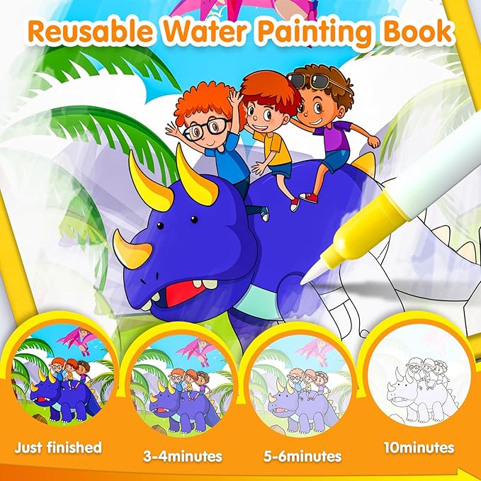 ZHOC Reusable Water Painting Books for Kids – 2 Pack Magic Water Reveal Coloring Books with Water Pens (Cars & Dinosaur) No-Mess Coloring Book Fun Travel Activity for Ages 3 4 5 6 7 8