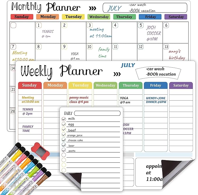 Hivillexun 3-Pack Magnetic Dry Erase Calendar Whiteboard Set for Fridge, Wall & Refrigerator Organisation – Monthly, Weekly & Daily Planners – Includes 8 Markers & Eraser