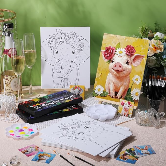 Cholemy 36 Pcs Paint and Sip Kit for Adults 8''x10'' Pre Drawn Canvas for Painting DIY Afro Acrylic Painting Kit Wood Easel Brushes Date Night Bulk for Father's Day Party Gifts(Flower Animals)