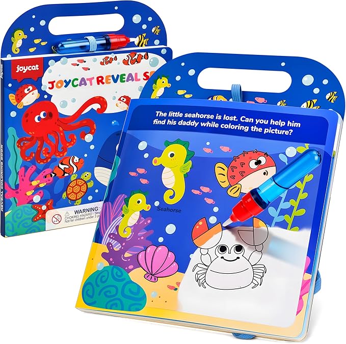 JoyCat Ocean Water Coloring Book for Toddlers 3-5, Reusable No-Mess Water Painting Book with Water Pen, 13 Activity Pages, Travel Toy Gift for Boys & Girls