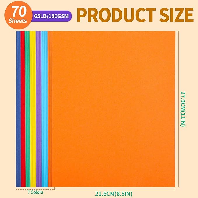 70 Sheets Colored Cardstock -7 Colors 8.5 x 11 inch Art Crafts Construction 65Ib/180g Thick Card Stock for Printer, DIY Cards Making, Scrapbooking UAP01