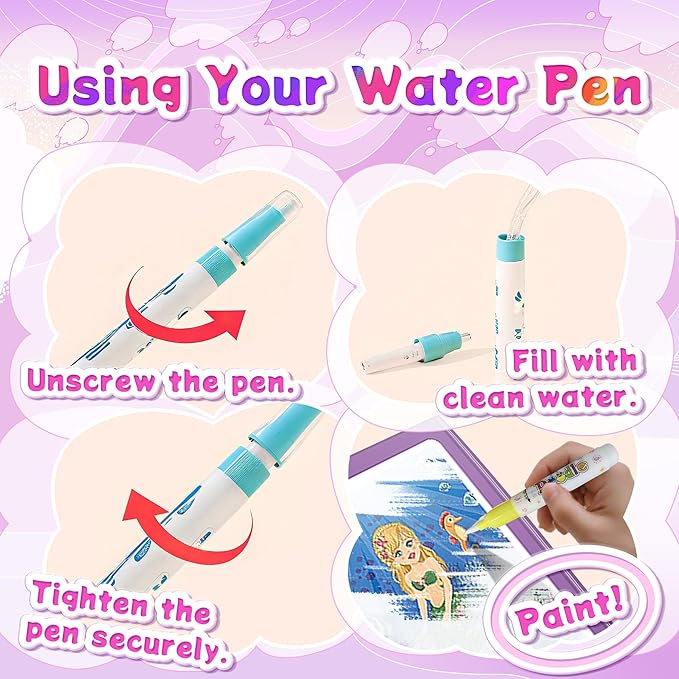 Reusable Water Coloring Books for Toddlers 1-3 with 18+ Stickers & No-Mess Pen, Mermaid Theme Water Coloring Books for Toddlers 1-3, Magic Paintless Painting Book for Toddler, Paintless Painting Book