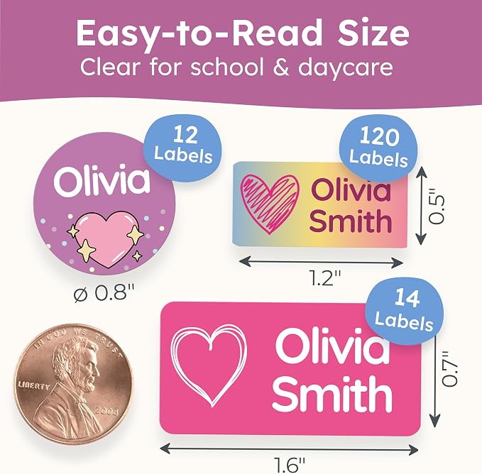 Personalized Daycare Name Labels for Kids [140pcs, Forever] - Waterproof Name Stickers for School, Baby Bottles & Clothing - Custom Name Stickers - Washable Stick On Labels (Various Sizes)