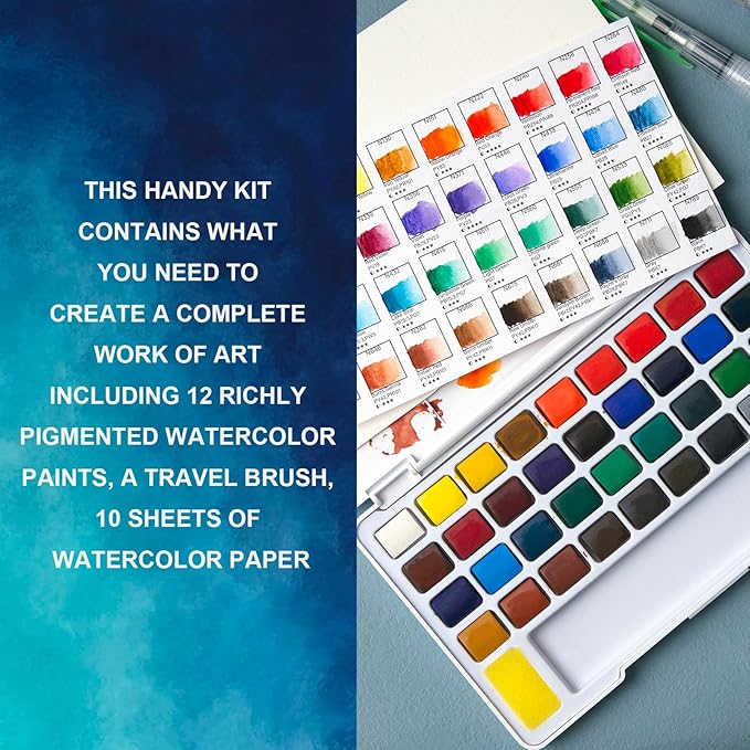 Woomer Watercolor Paint Set, 36 Vibrant Colors with Water Brush & 10 Premium Cotton Watercolor Papers (32K), Perfect for Beginners, Hobbyists and More