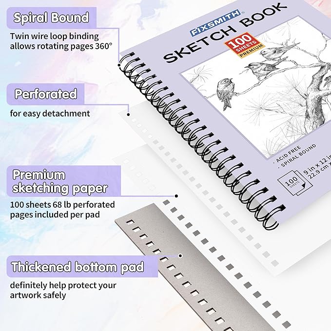 FIXSMITH 9"X12" Purple Sketch Book, 400 Sheets (68 lb/100gsm) Spiral Sketchbook, Acid Free Drawing Paper, Sketch Pad for Beginners,Artists & Professionals, Bright White