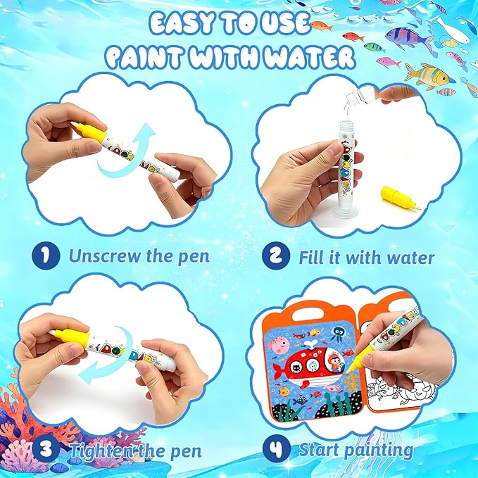 BlivEclat Magic Water Coloring Book for Toddlers 1-3 - Reusable Kids Water Painting Book with Pen - No Mess Montessori Activity - Paint with Water Books for Ages 2-4, 3-5