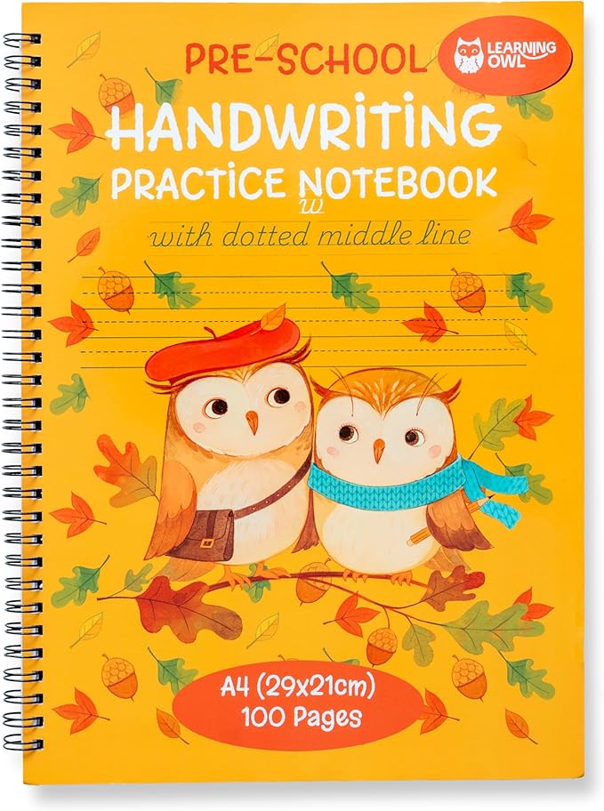 A4 Lined Handwriting Practice Notebook for Kids – Dotted Midline, Spiral Bind, Pre-K, Kindergarten, 100 Thick Pages (1, Yellow Owl)