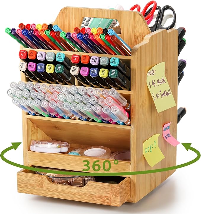 SOUJOY Bamboo Pen Holder Organizer, 360°Rotating Art Supply Storage Caddy, Hold 400+ Pencils, 15 compartments Office Desk Stand Box with Handle for Marker Pens, Colored Pencil, Art Brushes