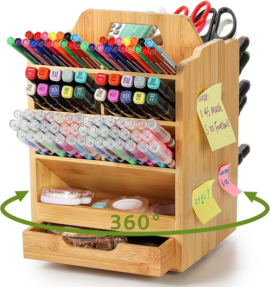 SOUJOY Bamboo Pen Holder Organizer, 360°Rotating Art Supply Storage Caddy, Hold 400+ Pencils, 15 compartments Office Desk Stand Box with Handle for Marker Pens, Colored Pencil, Art Brushes