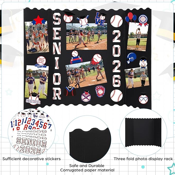 Resurhang 4 Set 24''x16'' Baseball Senior Night Gifts Senior 2026 Trifold Poster Board Photo Display Board with 12 Sheet Sports Themed Stickers for Graduation Picture Frame Sport Theme Party Supplies