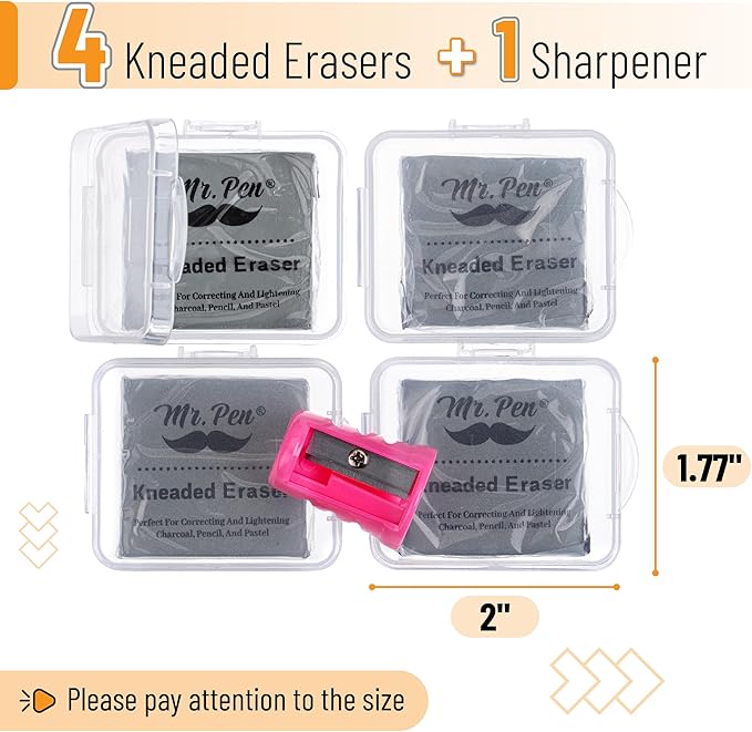 Mr. Pen- Kneaded Eraser Set, 4 Pack, Gray Moldable Art Erasers with Storage Cases & Sharpener, Soft Kneadable Erasers for Charcoal, Graphite, Pencil & Pastel Drawing