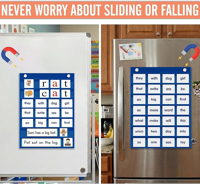 Magnetic Pocket Chart for Classroom - Small 7 Pocket Chart for Word Wall Sentence Strips Daily Schedule Sticker Display, Blue Teacher Supplies for Preschool Elementary & Home