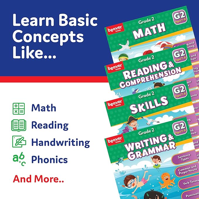 Head Start Workbooks Ages 7-8, Fun 2nd Grade Workbooks for Learning Math and Writing Basics, Before School Workbooks with Math, Reading Comprehension, Grammar, and Skills