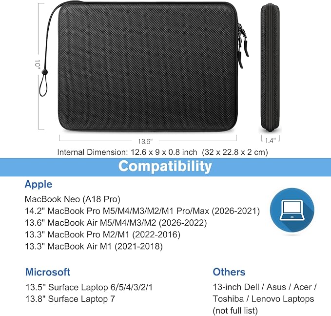 FINPAC Hard Laptop Sleeve Case for MacBook Neo A18 Pro,13 inch MacBook Air 2026 M5/M4/M3/M2/M1,14 inch MacBook Pro 2026 M5/M4/M3/M2 Pro/Max,Waterproof Case for Dell,Surface Laptop,HP,Acer,Black | Hard