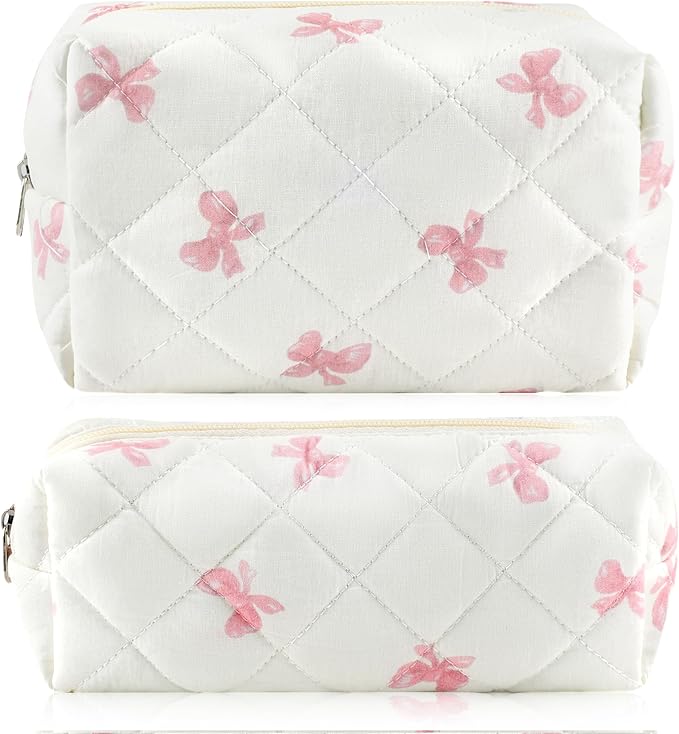 URSKYTOUS 2Pcs Cotton Quilted Makeup Bag for Women Small Coquette Cosmetic Bags Cute Zipper Pink Bow Makeup Pouch Aesthetic Portable Pencil Case Travel Toiletry Bag Trendy Cloth Skincare Bags
