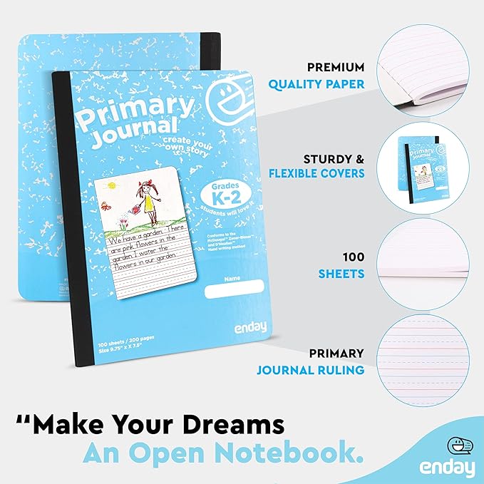Enday Primary Journal Grades K-2 (4 Pack) Assorted Colors, Half Page Ruled Primary Journal Composition Notebook for Kids, 100 Sheets kids Notebook - Blue, Purple, Pink, Red