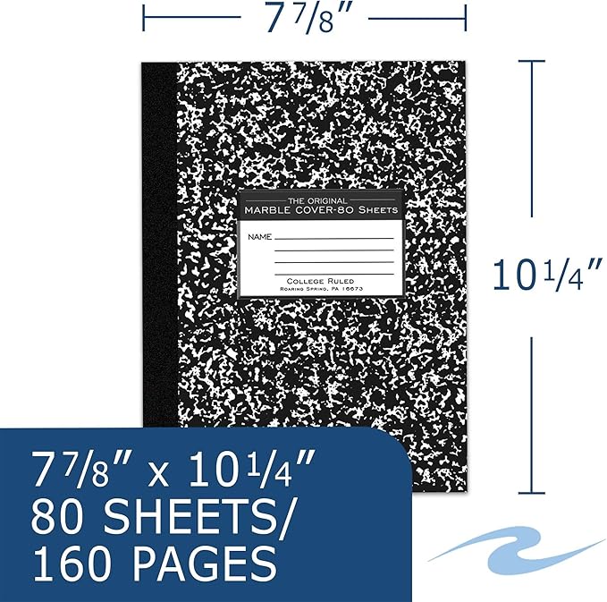 Roaring Spring Composition Notebook, Case of 48, College Ruled, 80 Sheets, 15# White Paper, Oversized 10.25"x8", Proudly Made in USA, Flexible Board Black Marble Covers