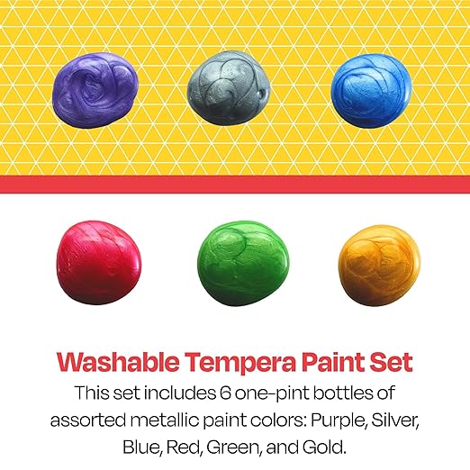 School Smart Washable Tempera Paints for School and Arts and Crafts Use, 16 Ounces Each, Assorted Metallic Colors, Set of 6