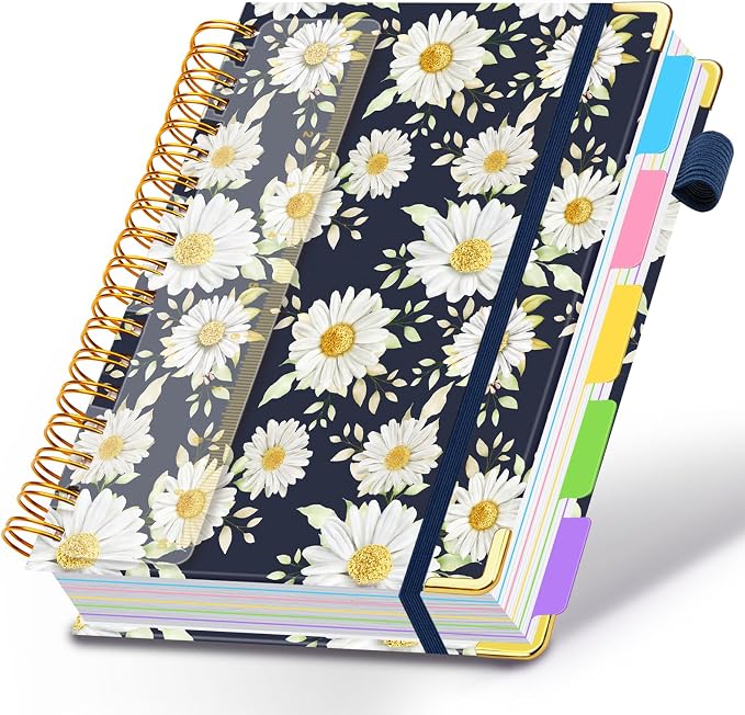 Spiral Journal Notebooks for Work, 300 Pages 5 Subject Notebook College Ruled with Dividers & Tabs, Notebook Journal for Women Students Note-Taking and Organizer (White Daisy, 8.5''x 11'')