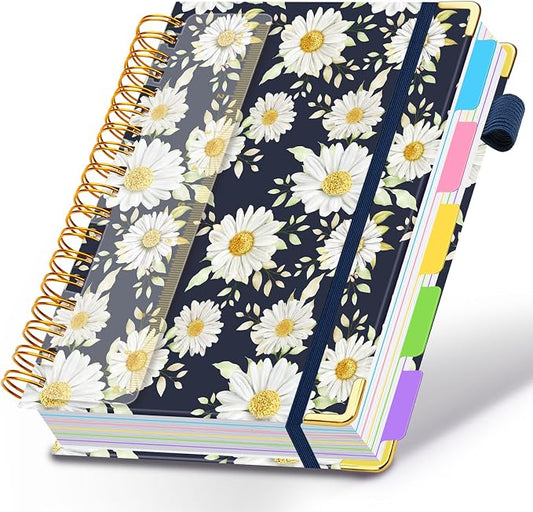 Spiral Journal Notebooks for Work, 300 Pages 5 Subject Notebook College Ruled with Dividers & Tabs, Notebook Journal for Women Students Note-Taking and Organizer (White Daisy, 8.5''x 11'')