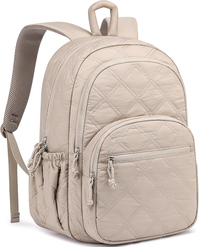 Travel Laptop Backpack for Women - 15.6 Inch College Backpacks Quilted Computer Bookbag Lightweight Casual Daypack Water-Resistant Backpacks for Students Teacher Work Camel