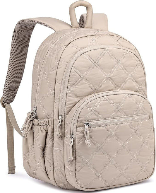 Travel Laptop Backpack for Women - 15.6 Inch College Backpacks Quilted Computer Bookbag Lightweight Casual Daypack Water-Resistant Backpacks for Students Teacher Work Camel