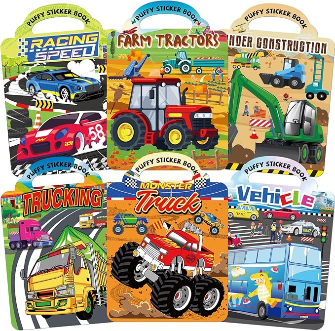 Elfew 6 Pack Car Sticker Books for Toddlers 2-4, Reusable 3D Puffy Vehicle Stickers for Boys 3-5, Construction Trucks Racing Mess Free Activity Set - Road Trip Essentials Birthday Gift