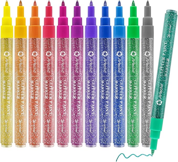 Artecho Glitter Paint Pens, 12 Colors Acrylic Glitter Markers with 0.7mm Extra Fine Tip for Rock Painting, Stone, Ceramic, Glass, Wood, Scrapbooking, Card Making and DIY Craft Art Supplies
