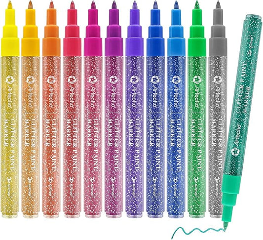 Artecho Glitter Paint Pens, 12 Colors Acrylic Glitter Markers with 0.7mm Extra Fine Tip for Rock Painting, Stone, Ceramic, Glass, Wood, Scrapbooking, Card Making and DIY Craft Art Supplies