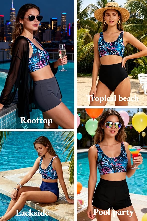 Tempt Me Women Sports Bra Bikini Top Push Up Scoop Neck Bathing Suits Top Padded Swim Crop Tops Only