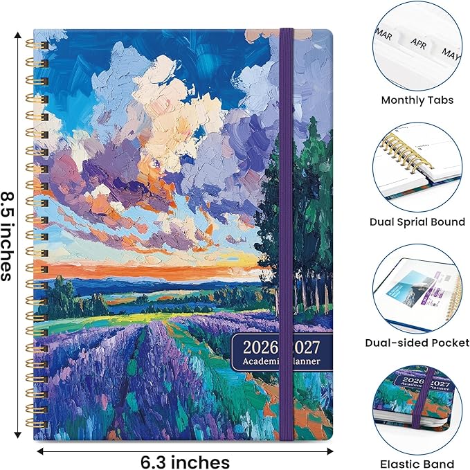 Planner 2026-2027, Hardcover Monthly and Weekly Academic Planner July 2026 - June 2027, Teacher and Student Calendar Agenda Book with Tabs, A5 (6.3" x 8.5"), Ideal for School and Office, Lavender Glow
