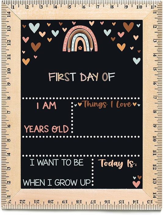 First Day of School Sign (11.5"x15"), Reusable Chalkboard, Easy to Clean with Real Wooden Ruler Frame, Perfect for Back to School, First Day of Kindergarten (Rainbow Hearts Earthy)