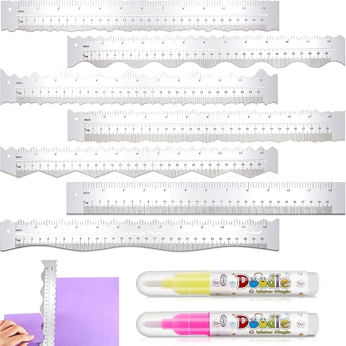 Henoyso 7 Pcs Metal Paper Tearing Ruler Deckle Edge Craft Stainless Steel Paper Cut Tool 12 Inch Irregular Edges Ruler Measurements Tool with 2 Watercolor Pen for Craft School Scrapbook