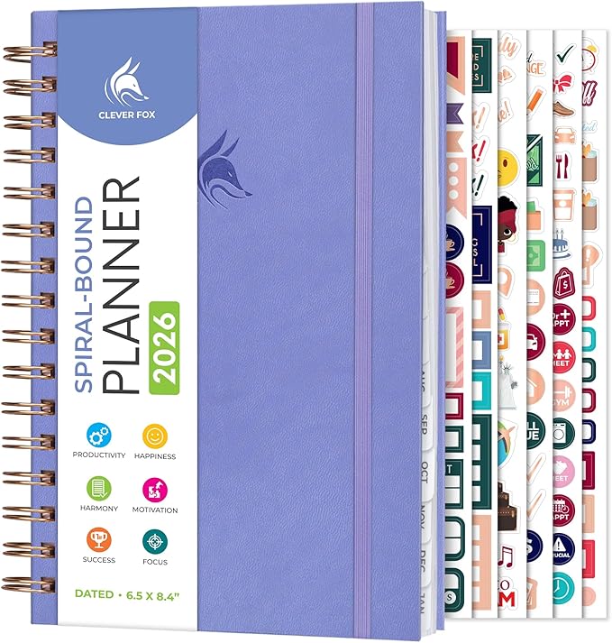 Clever Fox Dated Planner with Tabs 2026 – Weekly & Monthly Spiral Planner with Habit Tracker for Goal Setting & Time Management (Lavender)