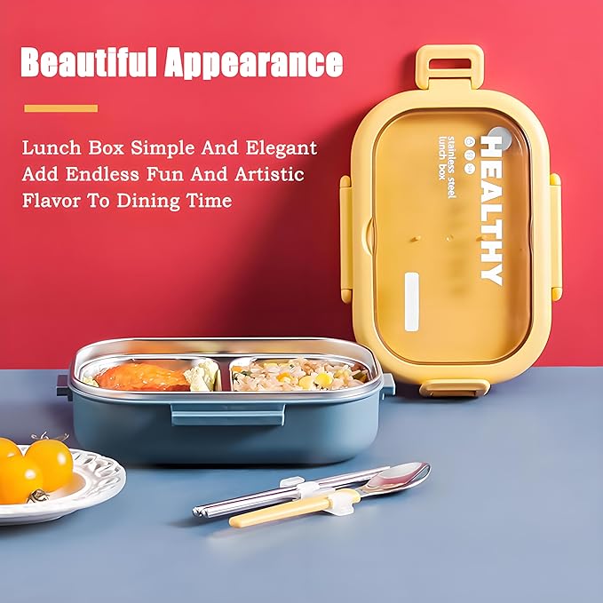 Stainless Steel Lunch Box, 2 Compartment Bento Box for Adults, Easy to Clean, Leak-Proof Design, Food Storage Container with Tableware for Family, Work, Picnics and Travel(800ml, Blue)