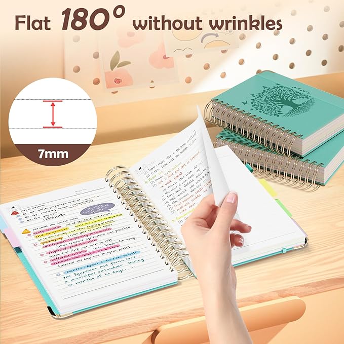 QIYVLOS Hardcover Spiral Notebook, A5 Journal with Removable Dividers Tabs, 5 Subject Notebook College Ruled, 320 Pages 6"x8" Leather Notebooks for Work School Study, Lined Journal for Women, Cyan