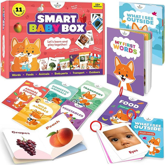 Clever Fox Play Smart Baby Box for 12-18 Months – 11 Montessori Speech Therapy Board Books & Flash Cards – Toddler Learning Toys & Activity Busy Book with Pre-K Activities for 1-Year Old