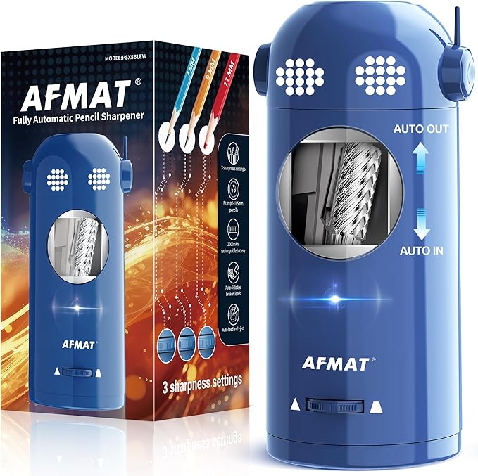 AFMAT Electric Pencil Sharpener Fully Automatic, Colored Pencil Sharpeners for 7-11.5mm Pencils, Rechargeable Hands-Free Robot Sharpener for Classroom, Home, Office, Battery Operated, PSX5EW, Blue