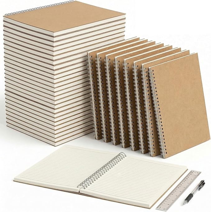 24 Packs Lined A5 Spiral Notebook, 8.3 x 5.5 In, Journals Bulk 120 Pages/60Sheets, Hardcover Spiral A5 Notebook Journal, Kraft Travel Notebooks Bulk for Work School Business Office (24 Packs, Kraft)