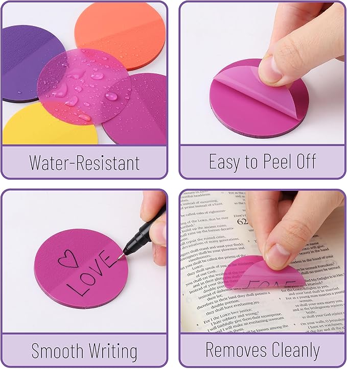Mr. Pen- Round Transparent Sticky Notes, 1.8”, 4 Pads with Black Fineliner, 200 Sheets, Smooth Writing, Water-Resistant, Clean Removal, Easy-Peel Sticky Notes for Bible Journaling & Planning