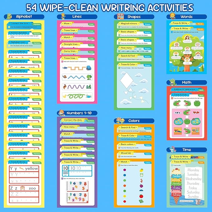 Preschool Learning Activities, Tracing Books for Kids 3+, 54 Reusable Toddler Learning Activities Book, Toddler Handwriting Practice, Montessori Travel Educational Toys, Gifts for Kids Ages 3+
