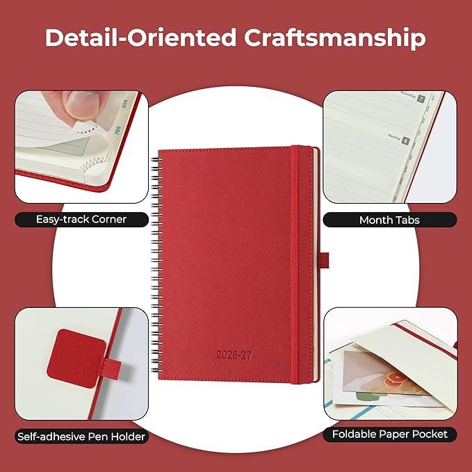 Planner 2026-2027 Daily Weekly and Monthly,8.5"x6.5",18 Months Spiral Bound Calendar Agenda with Self-adhesive Pen Holder,2026 Academic Plan with Vegan Leather Soft Cover,Red
